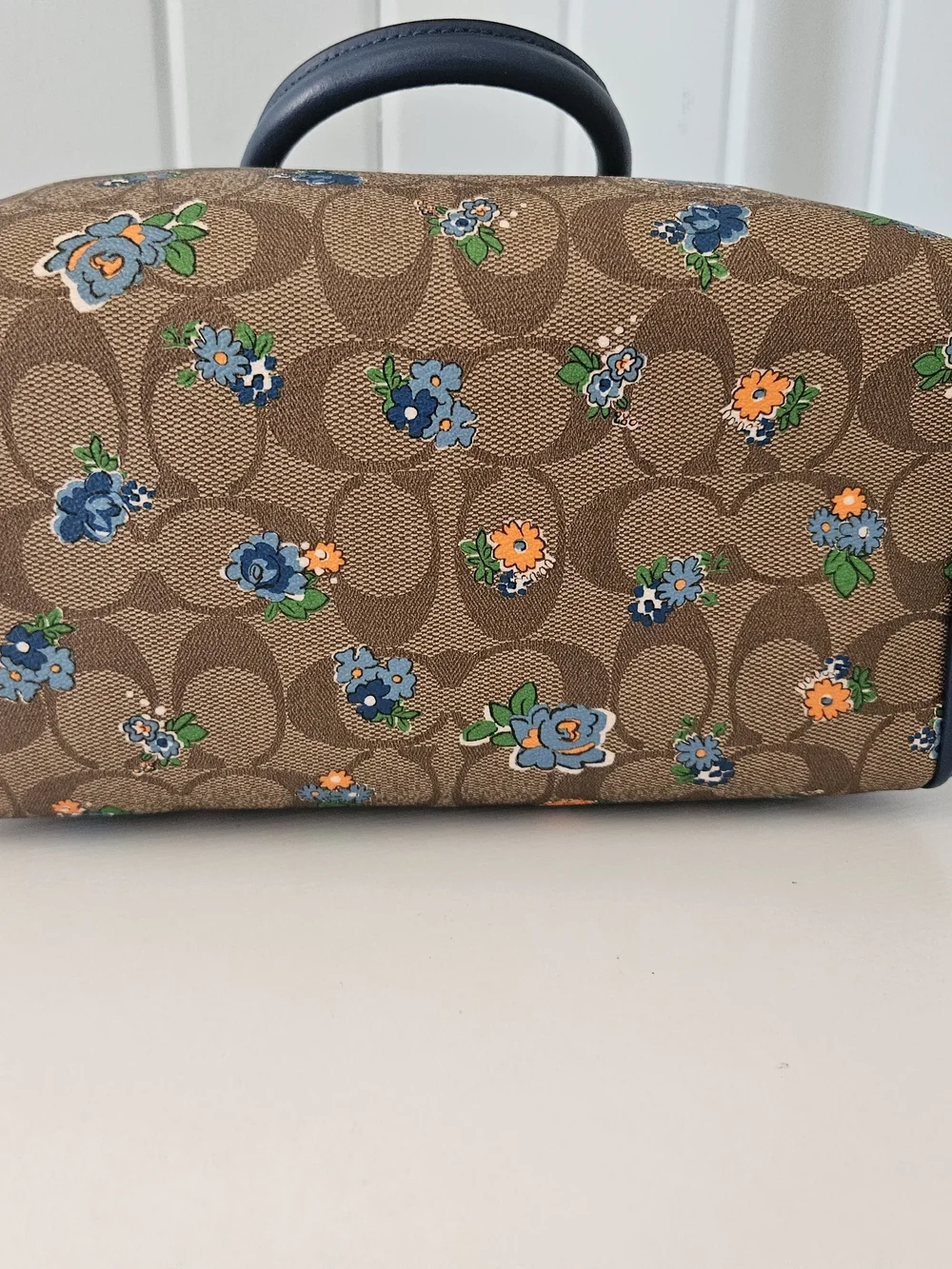 Coach Tan Signature Floral Satchel with Blue Trim and Matching Wallet